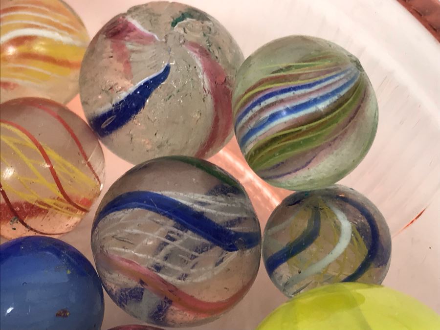 Vintage Clay And Glass Marbles In Pink Depression Glass Lidded Bowl [Photo 9]