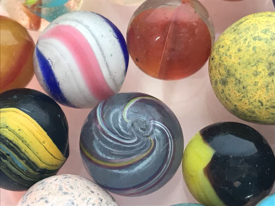 Vintage Clay And Glass Marbles In Pink Depression Glass Lidded Bowl [Photo 16]