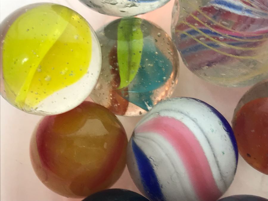 Vintage Clay And Glass Marbles In Pink Depression Glass Lidded Bowl [Photo 15]