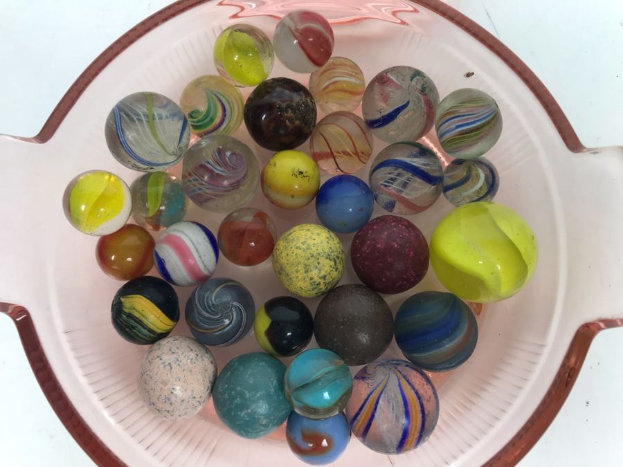 Vintage Clay And Glass Marbles In Pink Depression Glass Lidded Bowl [Photo 19]