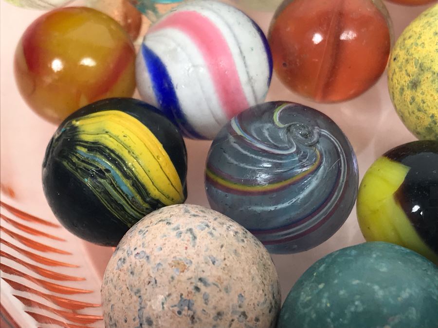 Vintage Clay And Glass Marbles In Pink Depression Glass Lidded Bowl [Photo 5]