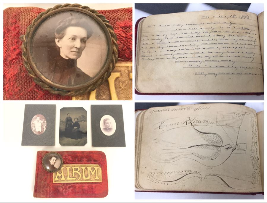 Antique 1800's Signature Album With Personalized Signatures Plus Antique Brooch Pin And Photographs Including Old Metal Photo