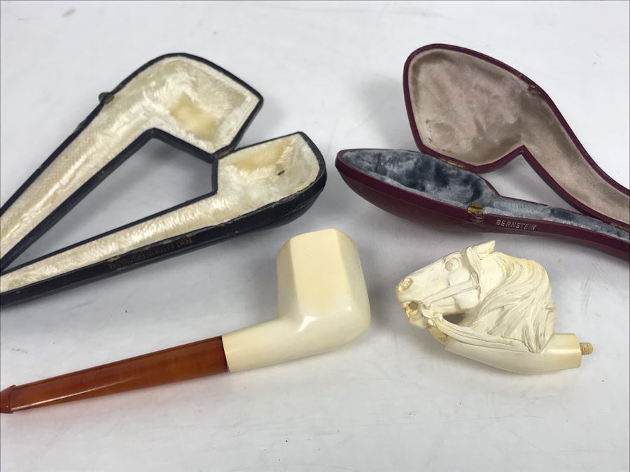 Pair Of Bernstein Meerschaum Smoking Pipes Accessories With Cases Including Carved Horse Head Pipe (Stem Is Loose In Pipe On Left) [Photo 3]