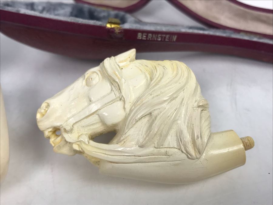 Pair Of Bernstein Meerschaum Smoking Pipes Accessories With Cases Including Carved Horse Head Pipe (Stem Is Loose In Pipe On Left) [Photo 2]