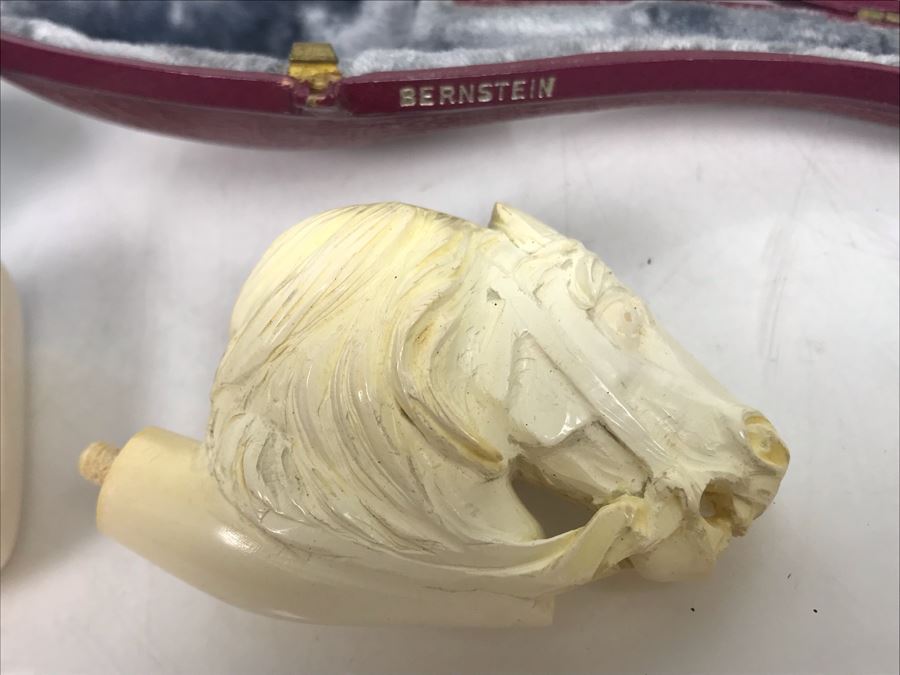 Pair Of Bernstein Meerschaum Smoking Pipes Accessories With Cases Including Carved Horse Head Pipe (Stem Is Loose In Pipe On Left) [Photo 5]