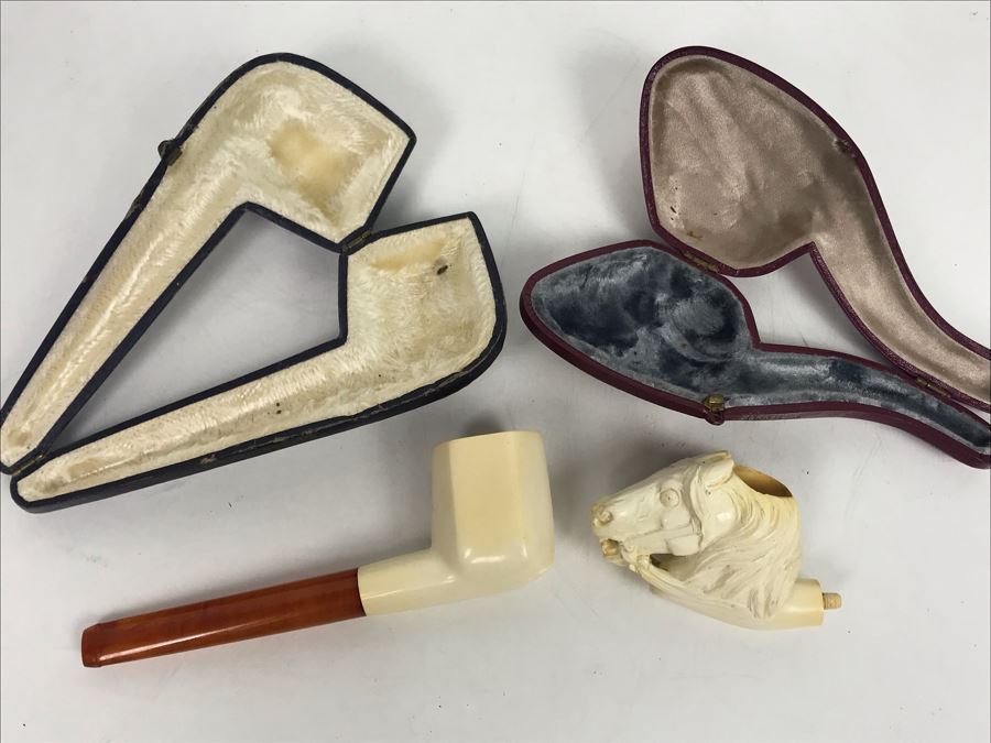 Pair Of Bernstein Meerschaum Smoking Pipes Accessories With Cases Including Carved Horse Head Pipe (Stem Is Loose In Pipe On Left)