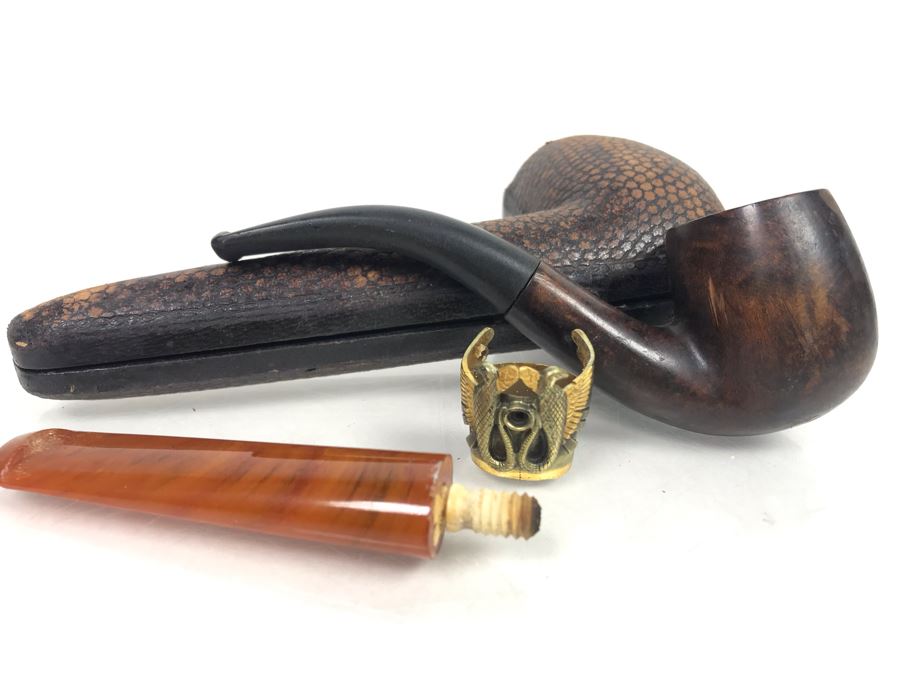 Real Briar Honey Cured Smoking Pipe And Pipe Parts Including 12K Gold Plate Piece With Pipe Case