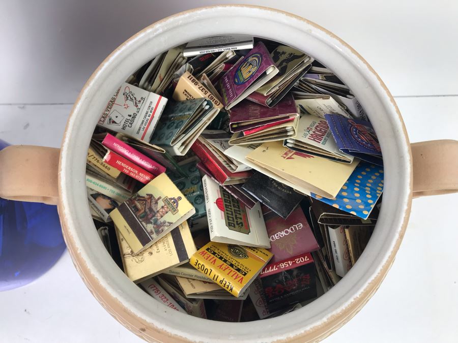 Scheurich West Germany Cermaic Pot And Blue Glass Vase Filled With Las Vegas Matches Vegas Matchbook Collection [Photo 3]