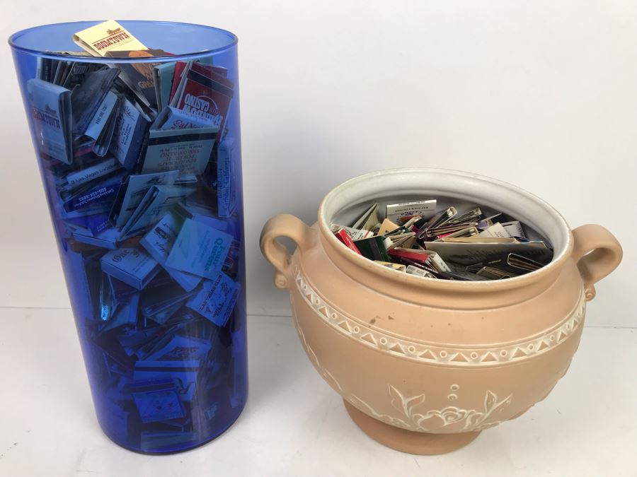 Scheurich West Germany Cermaic Pot And Blue Glass Vase Filled With Las Vegas Matches Vegas Matchbook Collection [Photo 1]