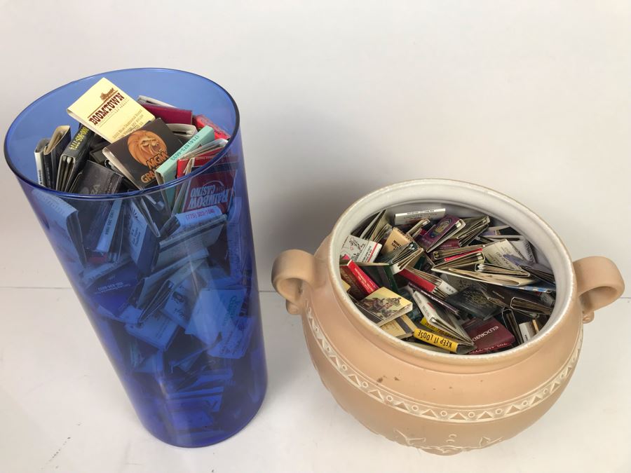 Scheurich West Germany Cermaic Pot And Blue Glass Vase Filled With Las Vegas Matches Vegas Matchbook Collection [Photo 2]