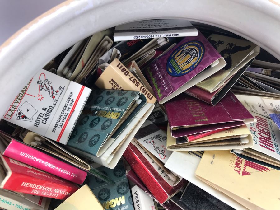 Scheurich West Germany Cermaic Pot And Blue Glass Vase Filled With Las Vegas Matches Vegas Matchbook Collection [Photo 4]