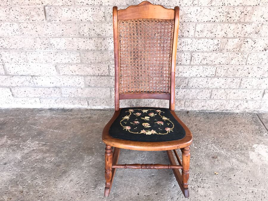 Antique Child's Doll Rocking Chair With Needlepoint Seat And Cane Back [Photo 2]