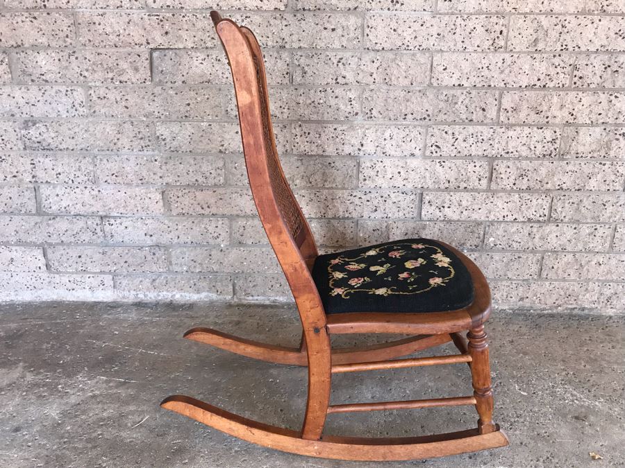 Antique Child's Doll Rocking Chair With Needlepoint Seat And Cane Back [Photo 7]