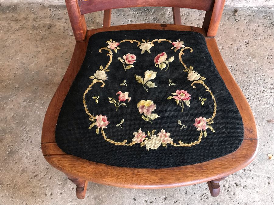 Antique Child's Doll Rocking Chair With Needlepoint Seat And Cane Back [Photo 4]