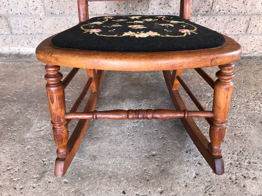 Antique Child's Doll Rocking Chair With Needlepoint Seat And Cane Back [Photo 6]