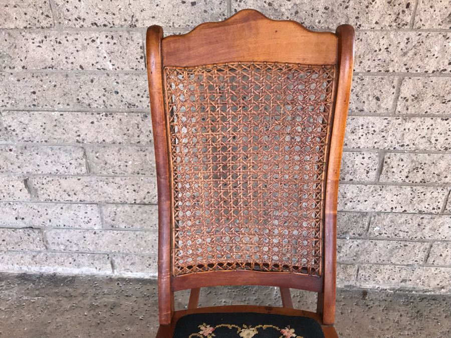 Antique Child's Doll Rocking Chair With Needlepoint Seat And Cane Back [Photo 5]