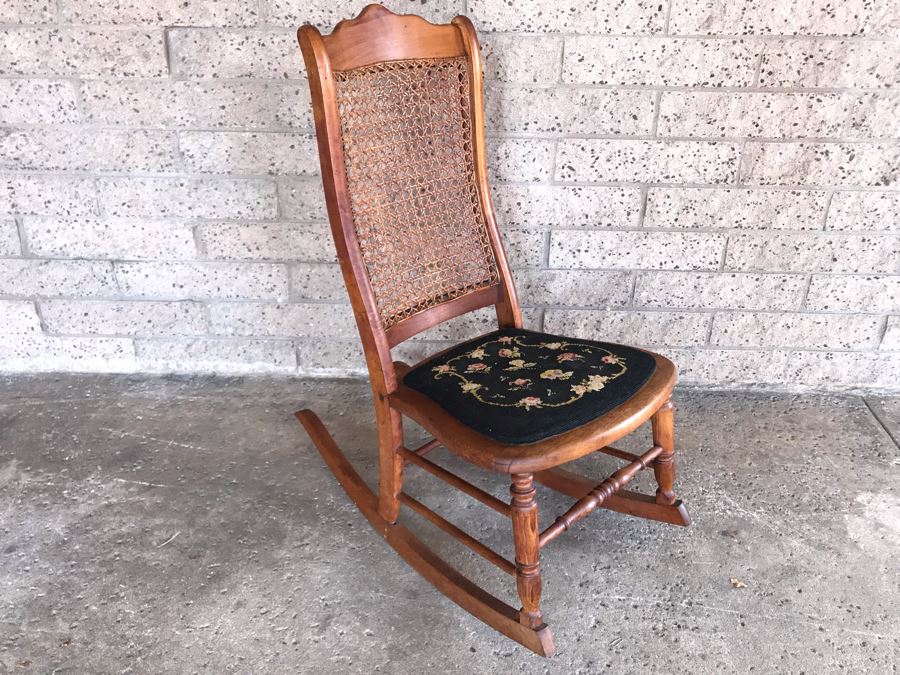 Antique Child's Doll Rocking Chair With Needlepoint Seat And Cane Back [Photo 3]