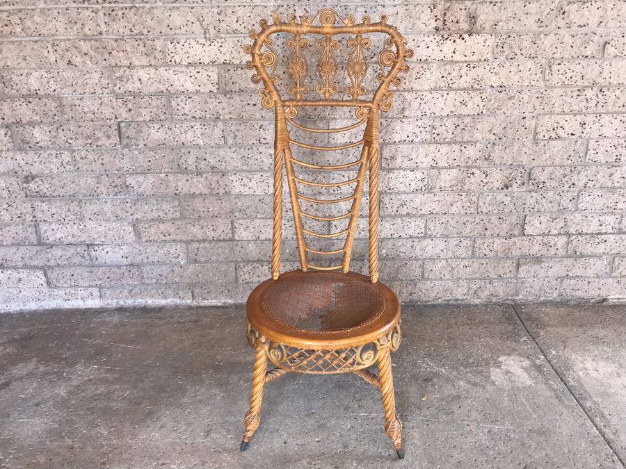 Antique 1871 Early Heywood Bros. & Co. (Now Heywood Wakefield) Ornate Wicker High Back Chair - Cane Seat Needs Repair [Photo 2]