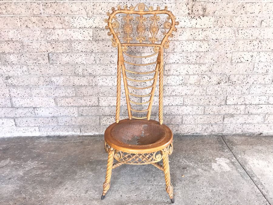 Antique 1871 Early Heywood Bros. & Co. (Now Heywood Wakefield) Ornate Wicker High Back Chair - Cane Seat Needs Repair [Photo 3]