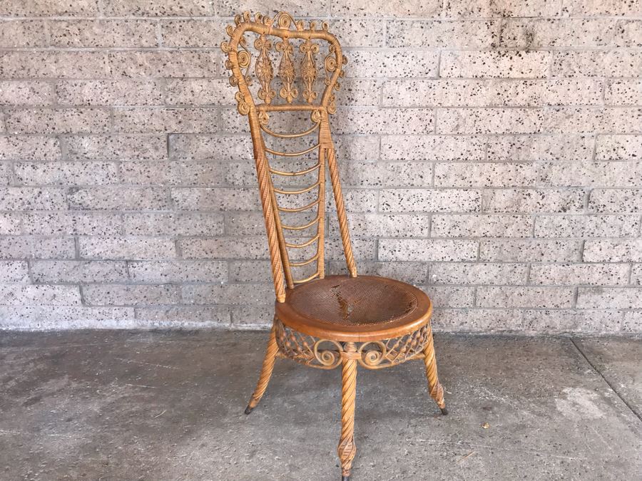 Antique 1871 Early Heywood Bros. & Co. (Now Heywood Wakefield) Ornate Wicker High Back Chair - Cane Seat Needs Repair [Photo 4]