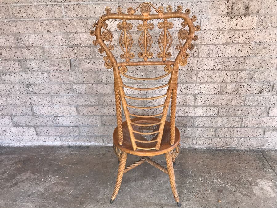 Antique 1871 Early Heywood Bros. & Co. (Now Heywood Wakefield) Ornate Wicker High Back Chair - Cane Seat Needs Repair [Photo 12]