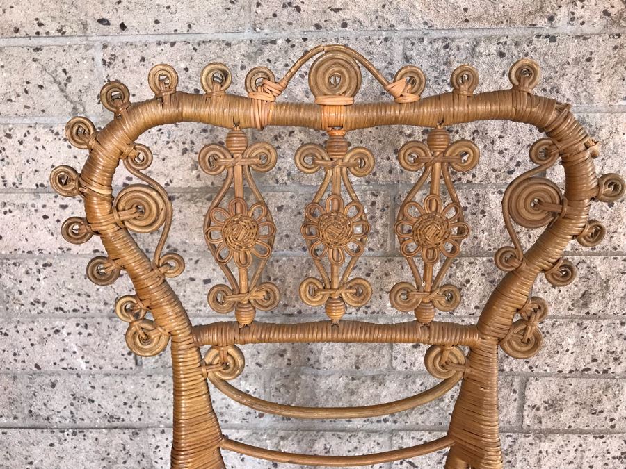 Antique 1871 Early Heywood Bros. & Co. (Now Heywood Wakefield) Ornate Wicker High Back Chair - Cane Seat Needs Repair [Photo 10]