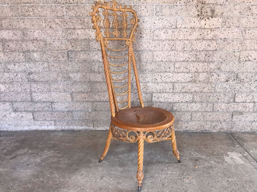 Antique 1871 Early Heywood Bros. & Co. (Now Heywood Wakefield) Ornate Wicker High Back Chair - Cane Seat Needs Repair [Photo 5]