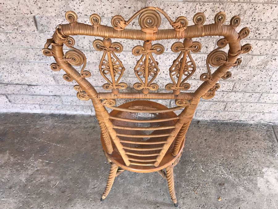Antique 1871 Early Heywood Bros. & Co. (Now Heywood Wakefield) Ornate Wicker High Back Chair - Cane Seat Needs Repair [Photo 13]