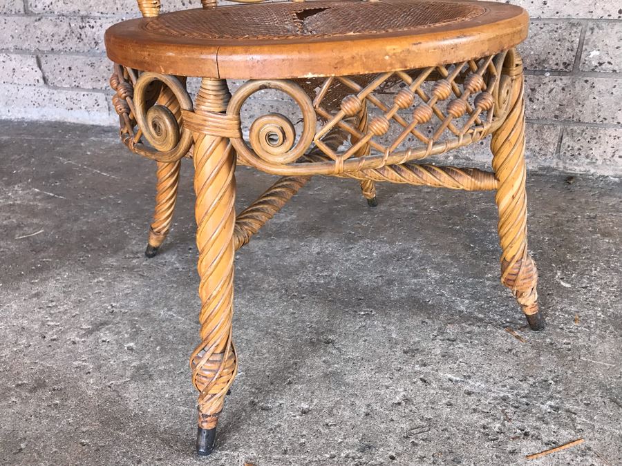 Antique 1871 Early Heywood Bros. & Co. (Now Heywood Wakefield) Ornate Wicker High Back Chair - Cane Seat Needs Repair [Photo 7]