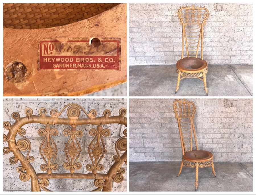 Antique 1871 Early Heywood Bros. & Co. (Now Heywood Wakefield) Ornate Wicker High Back Chair - Cane Seat Needs Repair [Photo 1]