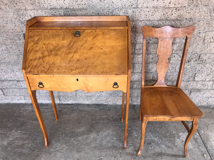 Antique Birdseye Maple Secretary Desk With Chair [Photo 5]