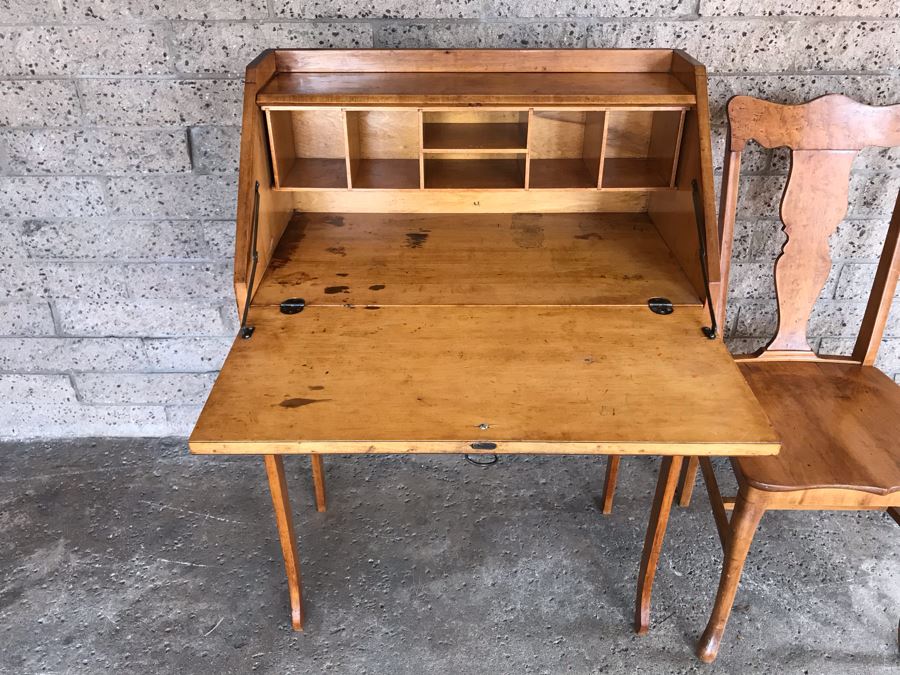 Antique Birdseye Maple Secretary Desk With Chair [Photo 14]