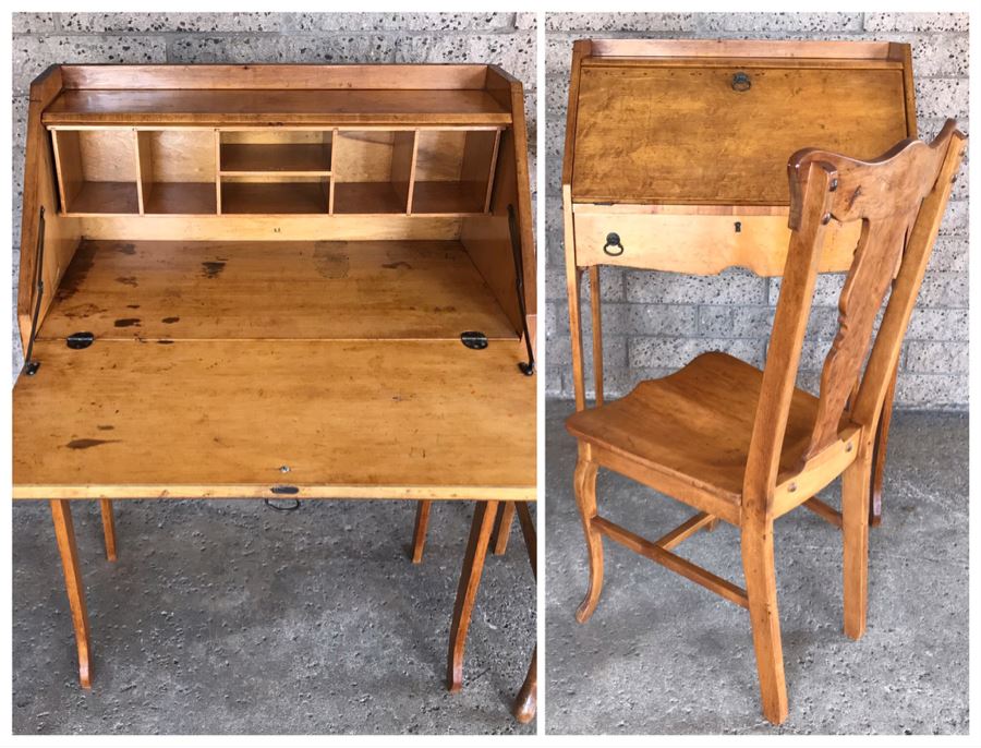 Antique Birdseye Maple Secretary Desk With Chair