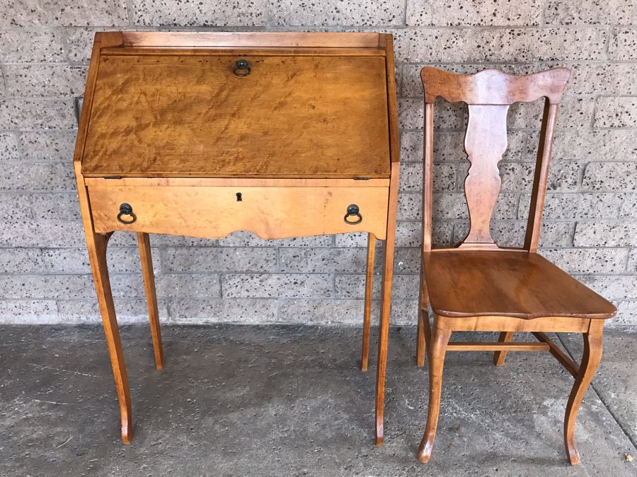 Antique Birdseye Maple Secretary Desk With Chair [Photo 4]