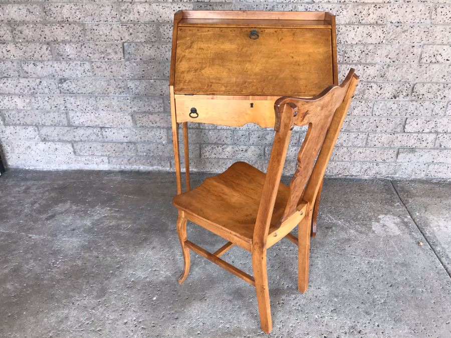 Antique Birdseye Maple Secretary Desk With Chair [Photo 3]