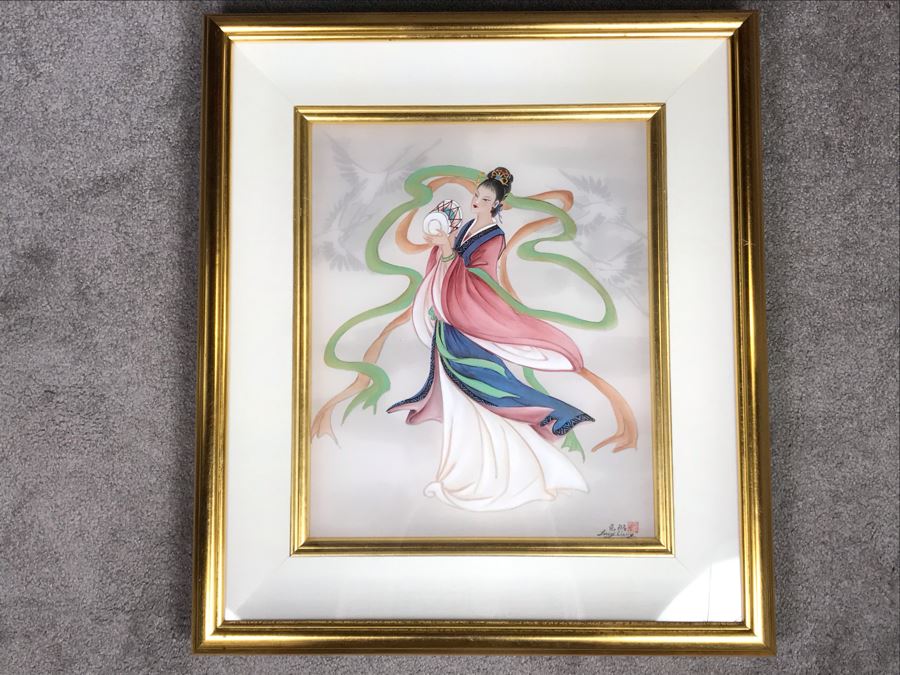Original Chinese Signed Lucy Wang 3-Dimensional Watercolor On Silk Painting 22' X 24' Retails Over $2,000