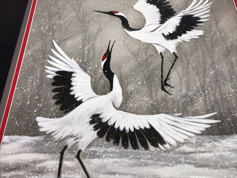 Original Chinese Signed Lucy Wang 3-Dimensional Watercolor On Silk Painting Dancing Red Crowned Cranes 27' X 27' Retails $2,600 [Photo 9]