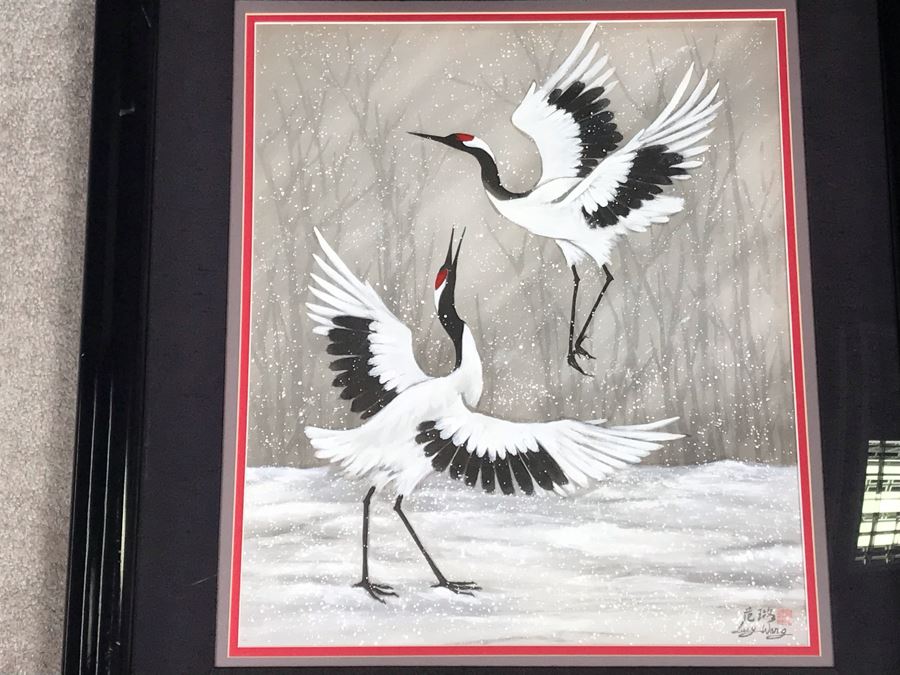 Original Chinese Signed Lucy Wang 3-Dimensional Watercolor On Silk Painting Dancing Red Crowned Cranes 27' X 27' Retails $2,600 [Photo 4]