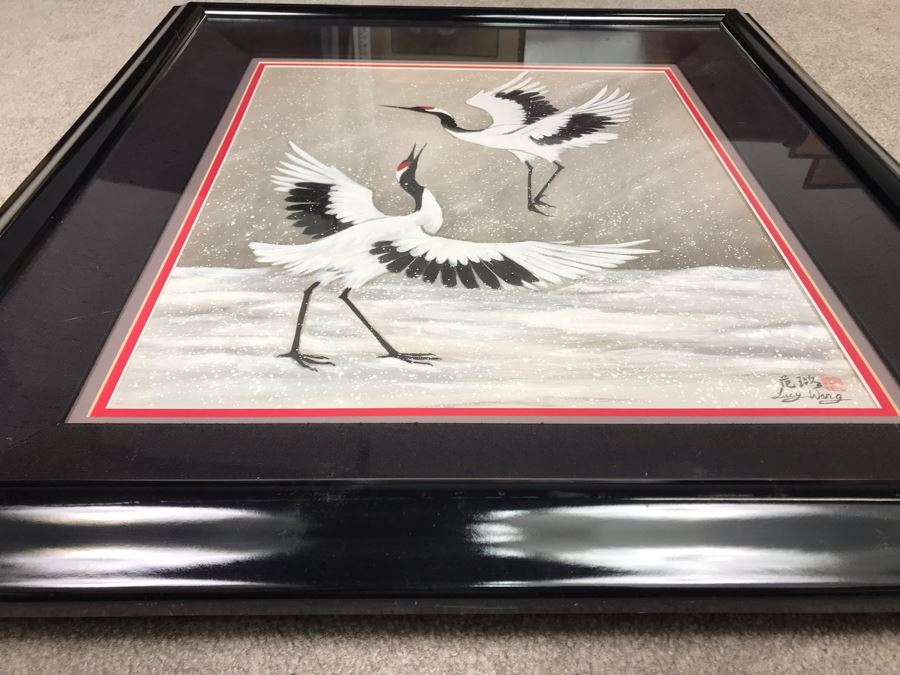Original Chinese Signed Lucy Wang 3-Dimensional Watercolor On Silk Painting Dancing Red Crowned Cranes 27' X 27' Retails $2,600 [Photo 16]