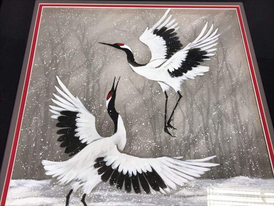 Original Chinese Signed Lucy Wang 3-Dimensional Watercolor On Silk Painting Dancing Red Crowned Cranes 27' X 27' Retails $2,600 [Photo 12]
