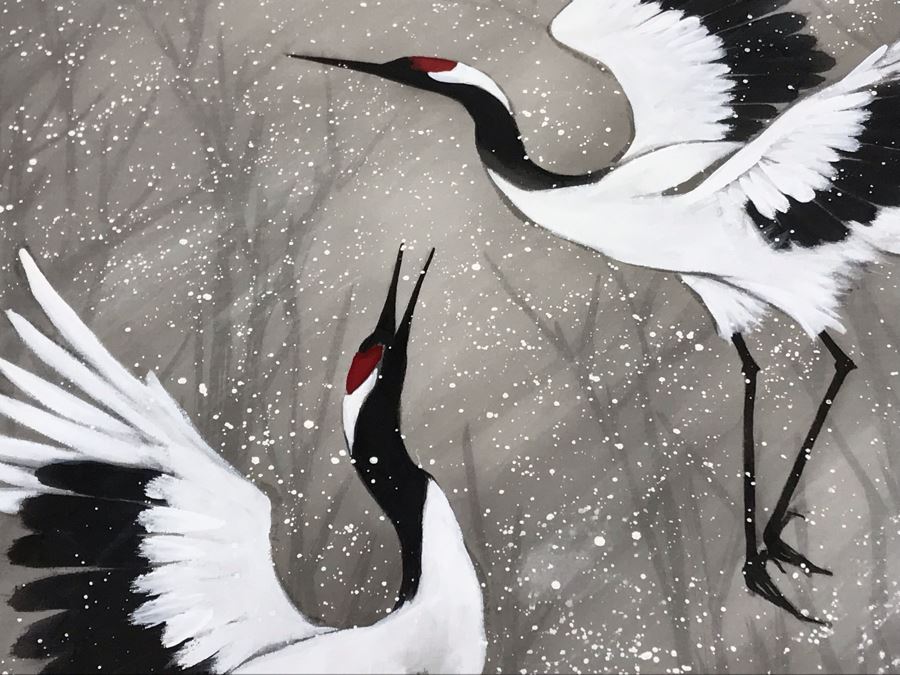 Original Chinese Signed Lucy Wang 3-Dimensional Watercolor On Silk Painting Dancing Red Crowned Cranes 27' X 27' Retails $2,600 [Photo 8]