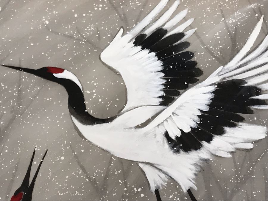 Original Chinese Signed Lucy Wang 3-Dimensional Watercolor On Silk Painting Dancing Red Crowned Cranes 27' X 27' Retails $2,600 [Photo 7]