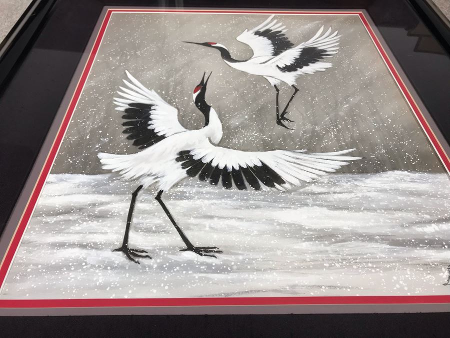 Original Chinese Signed Lucy Wang 3-Dimensional Watercolor On Silk Painting Dancing Red Crowned Cranes 27' X 27' Retails $2,600 [Photo 15]