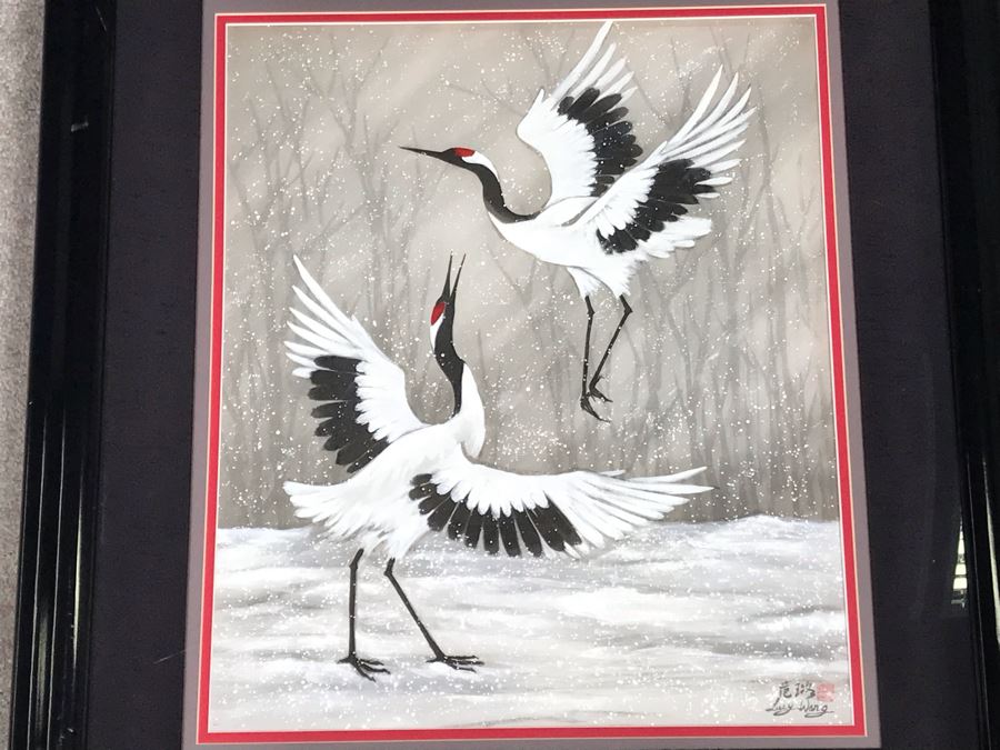 Original Chinese Signed Lucy Wang 3-Dimensional Watercolor On Silk Painting Dancing Red Crowned Cranes 27' X 27' Retails $2,600 [Photo 5]