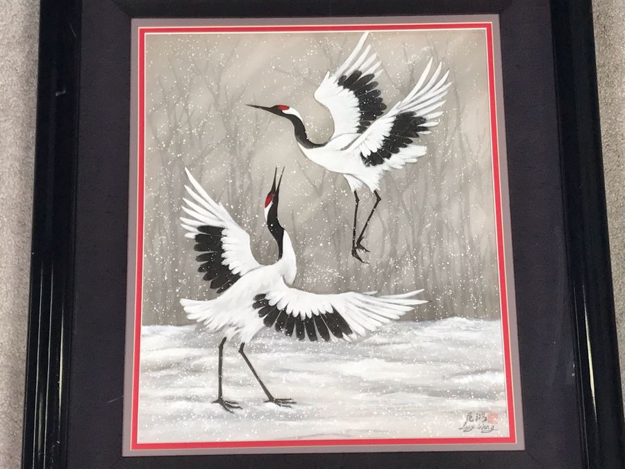 Original Chinese Signed Lucy Wang 3-Dimensional Watercolor On Silk Painting Dancing Red Crowned Cranes 27' X 27' Retails $2,600 [Photo 3]