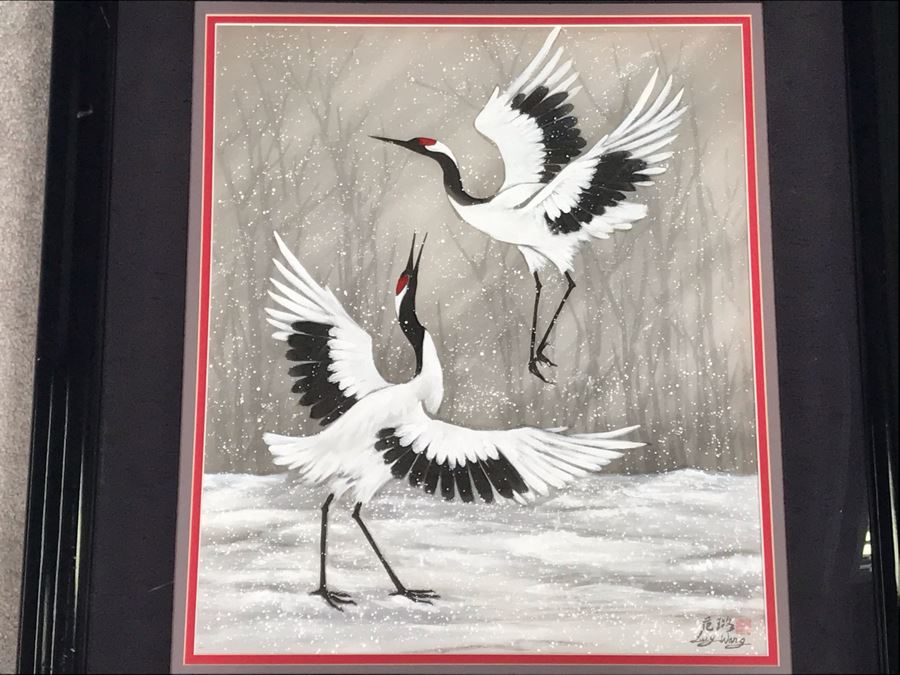 Original Chinese Signed Lucy Wang 3-Dimensional Watercolor On Silk Painting Dancing Red Crowned Cranes 27' X 27' Retails $2,600 [Photo 2]