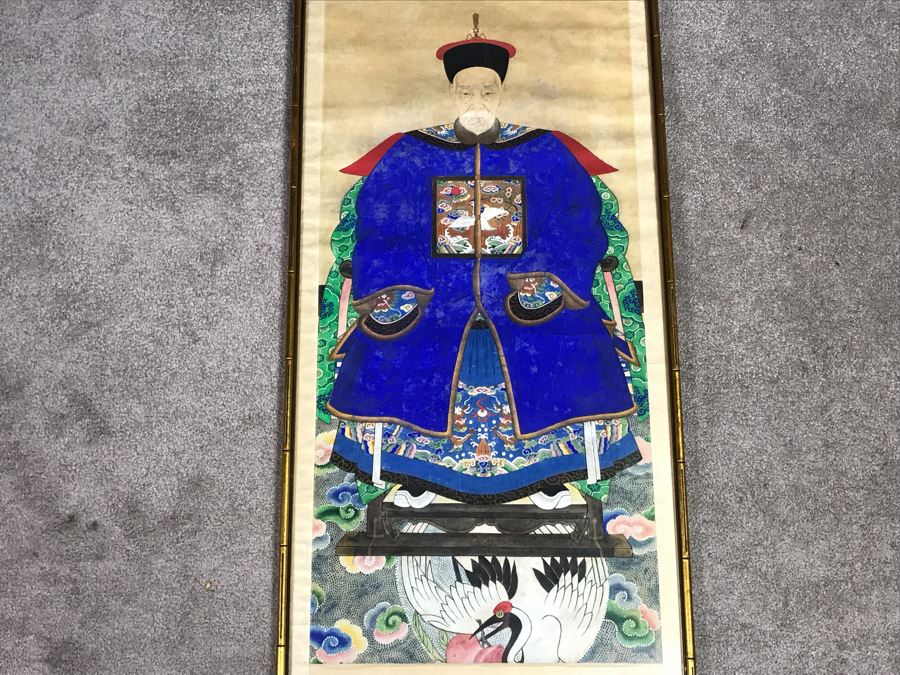 Pair Of Framed Antique Original Chinese Ancestor Scrolls Paintings Ancestral Portraits Man Is 30' X 50' [Photo 6]