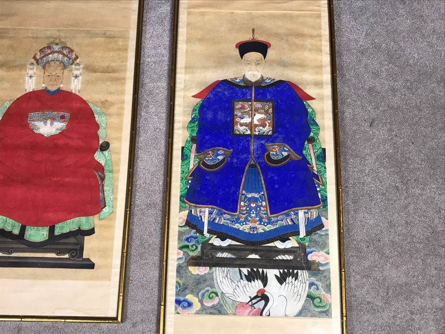 Pair Of Framed Antique Original Chinese Ancestor Scrolls Paintings Ancestral Portraits Man Is 30' X 50' [Photo 3]