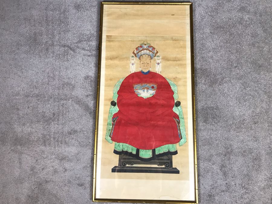 Pair Of Framed Antique Original Chinese Ancestor Scrolls Paintings Ancestral Portraits Man Is 30' X 50' [Photo 30]