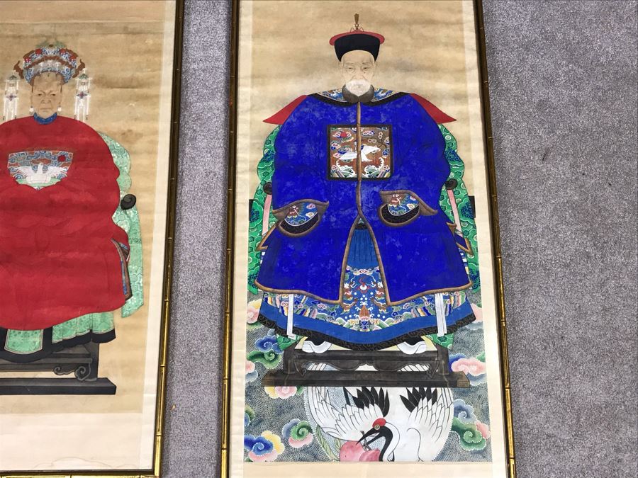 Pair Of Framed Antique Original Chinese Ancestor Scrolls Paintings Ancestral Portraits Man Is 30' X 50' [Photo 4]
